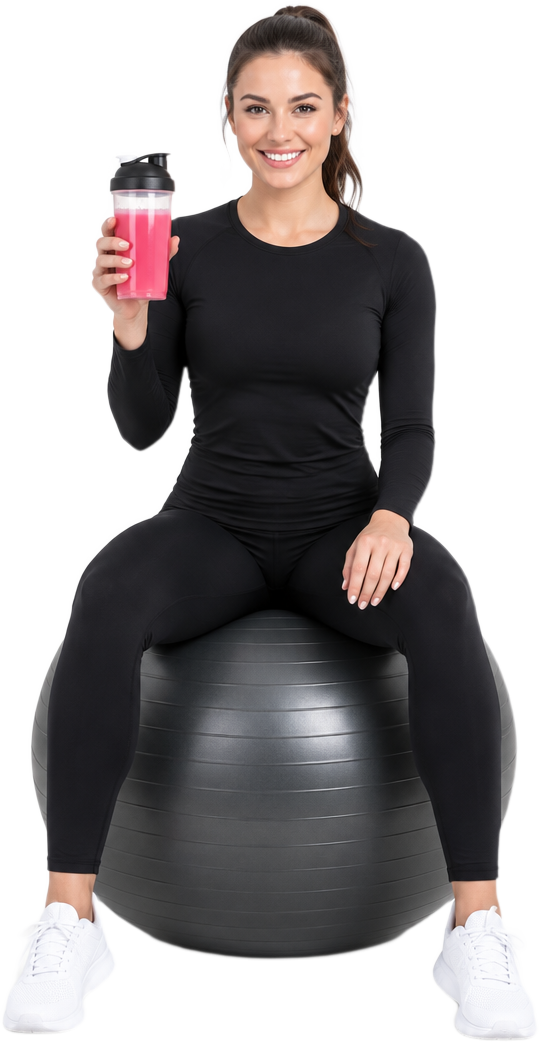 Woman in black activewear holding a shaker of the prepared Fruit Punch drink