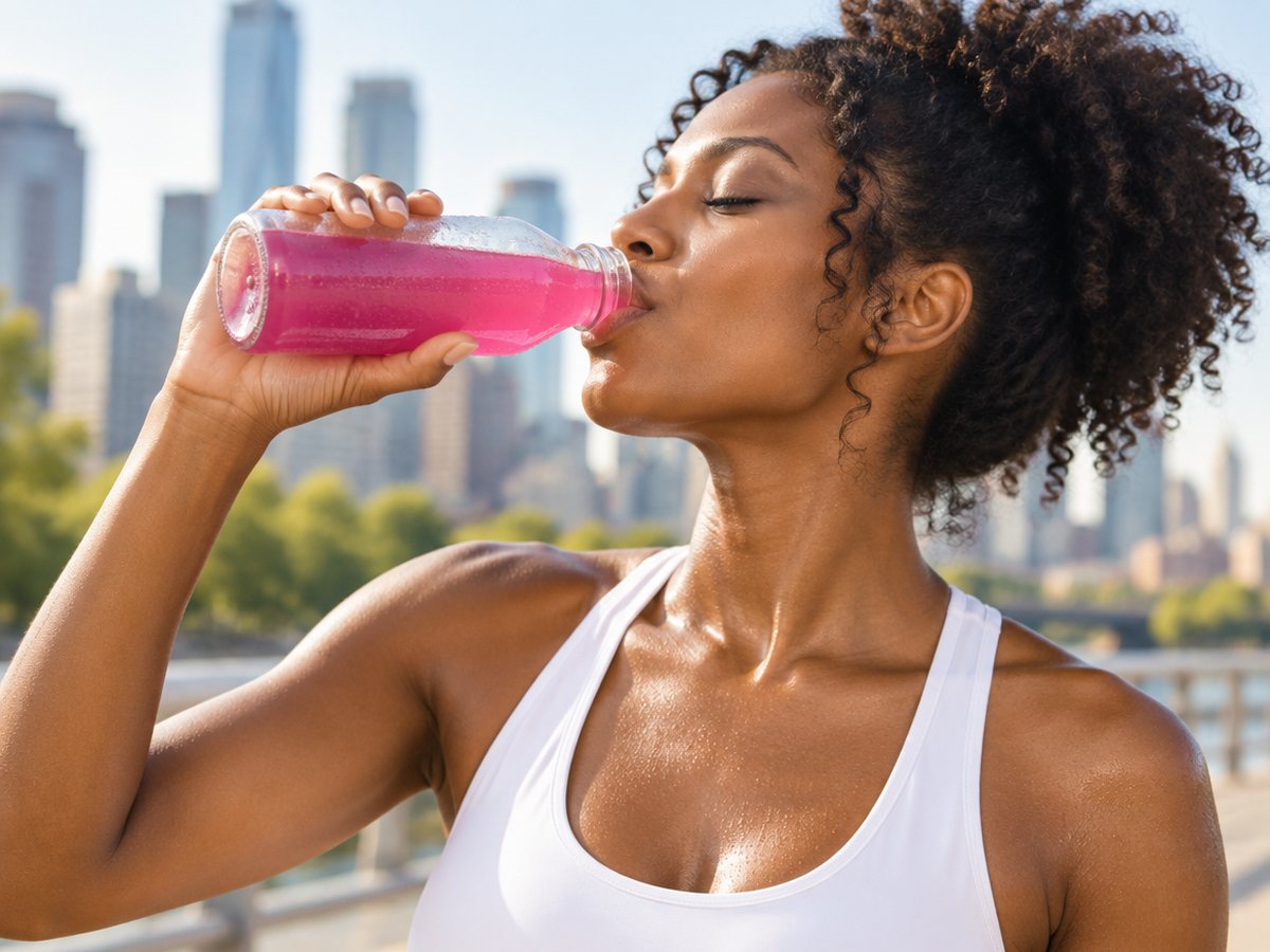 A woman drinking a pink fruit punch drink after a run