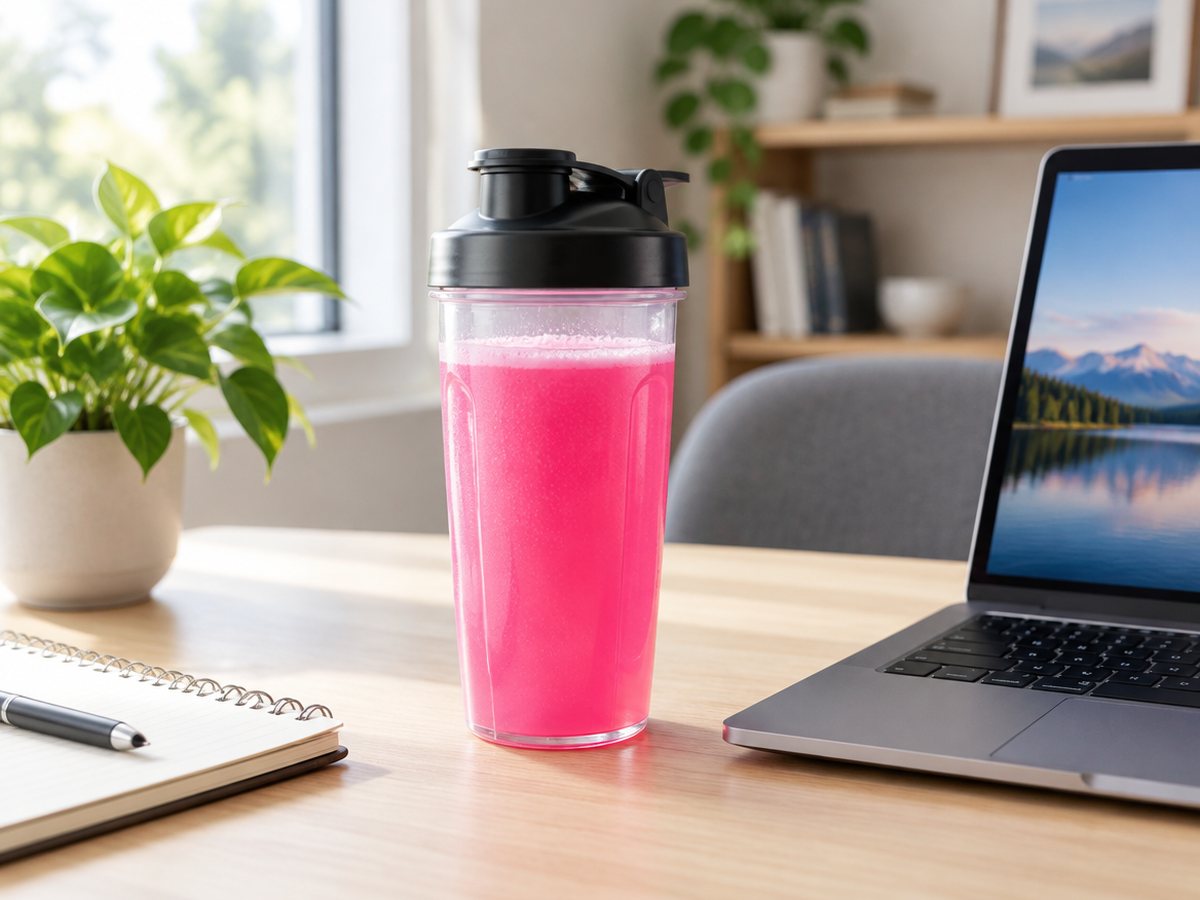 A shaker bottle of pink drink on a desk beside a laptop