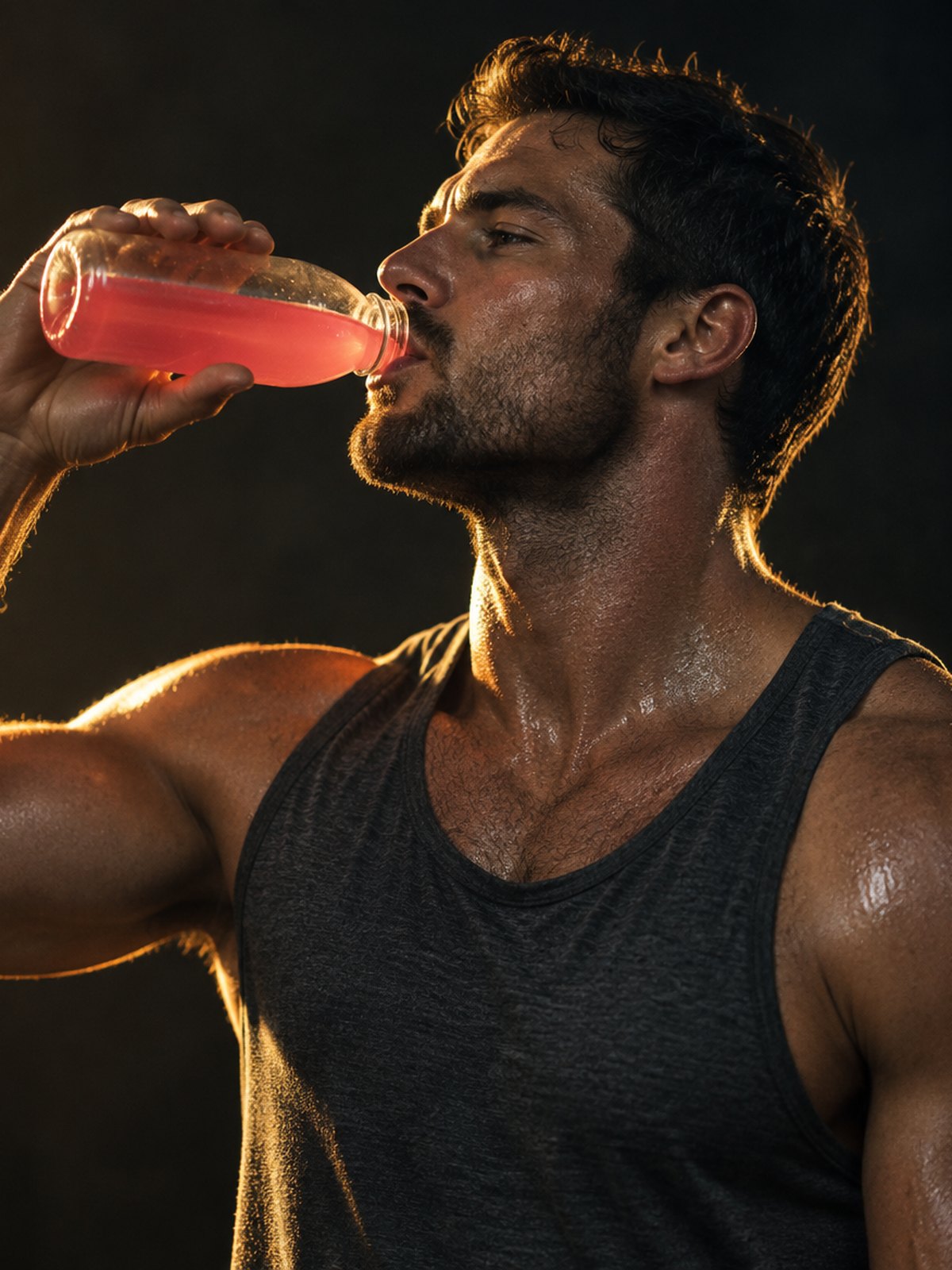 A man drinking pink fruit punch in warm side light