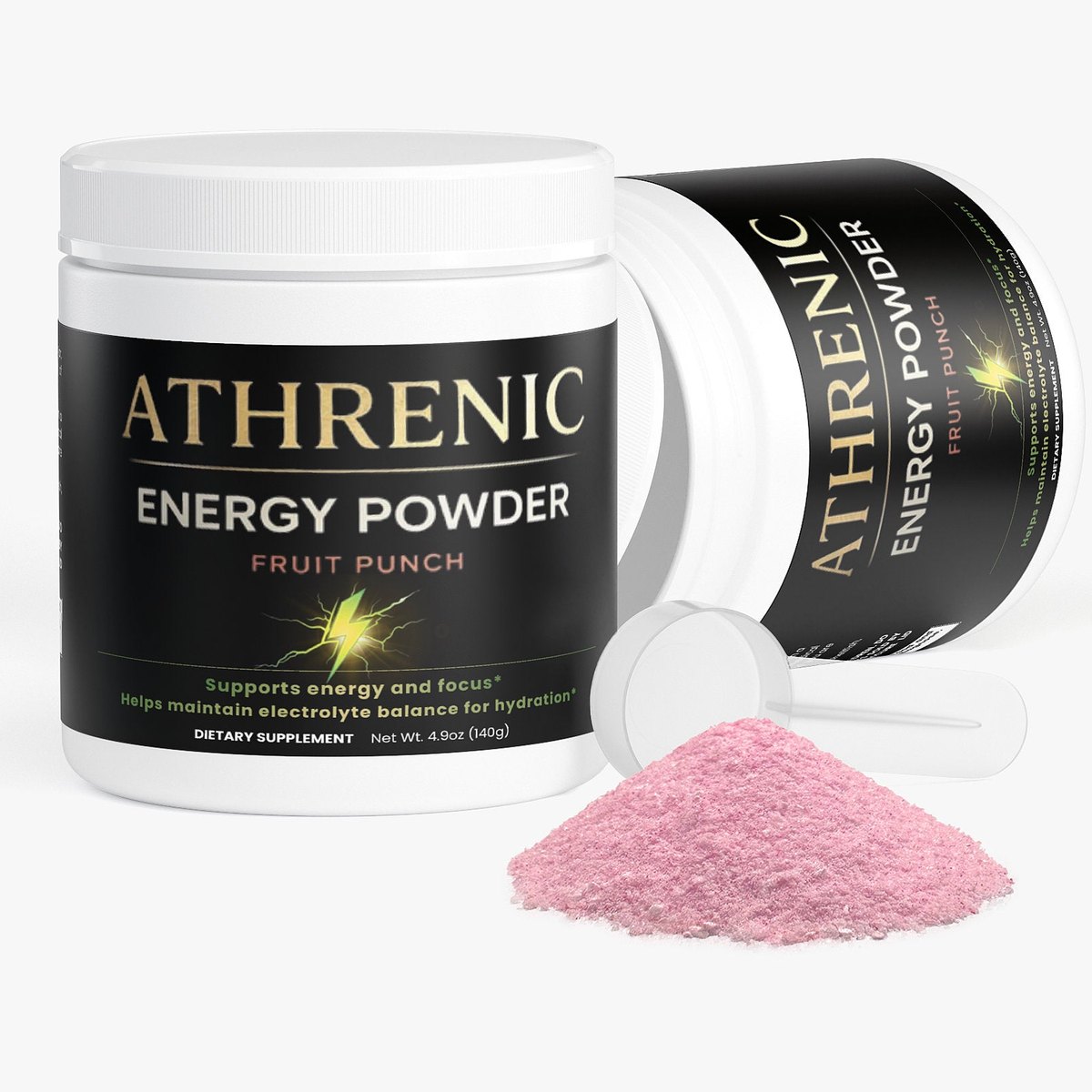 Athrenic Energy Powder jar beside a glass of the prepared fruit punch drink