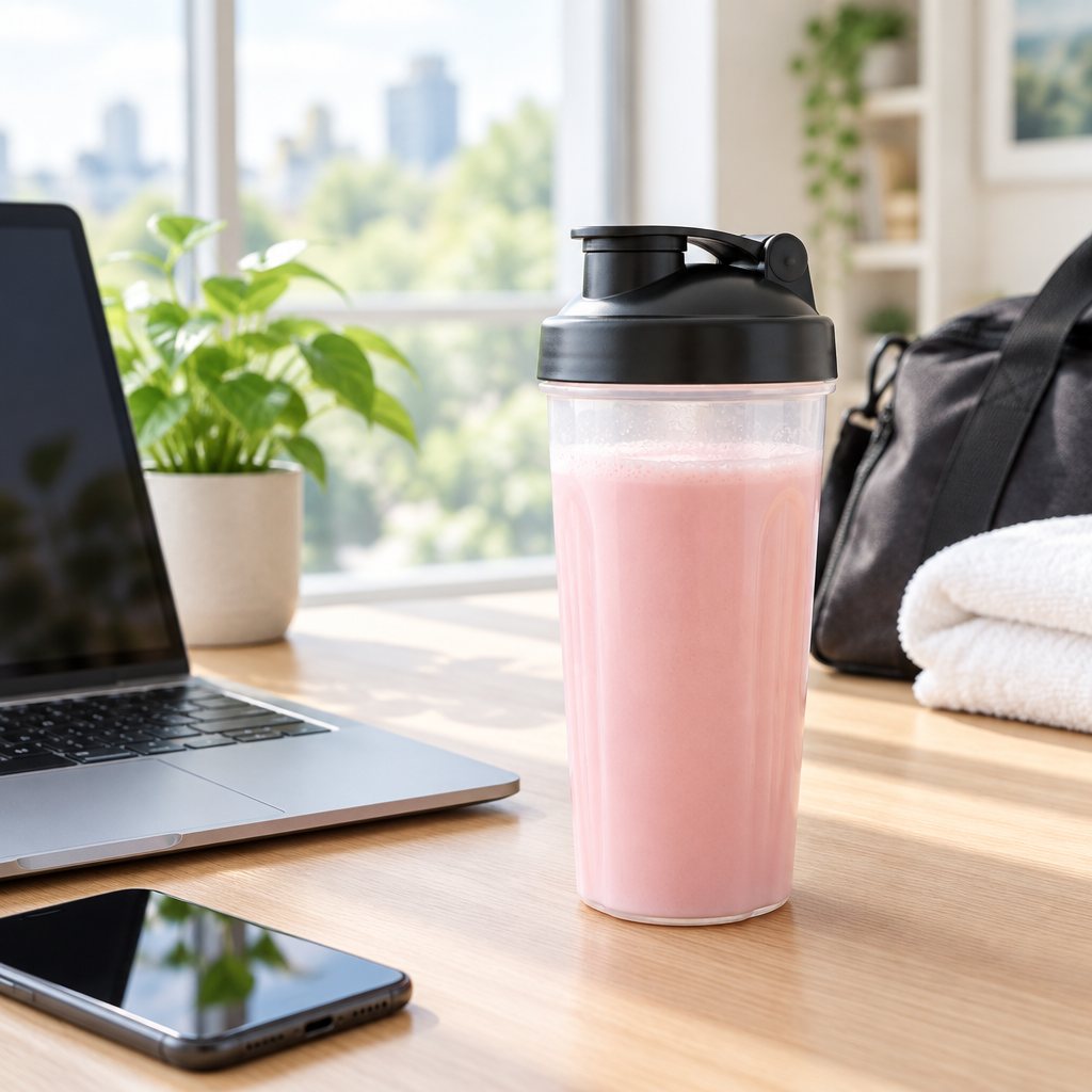 Shaker bottle of the prepared drink on a desk beside a laptop