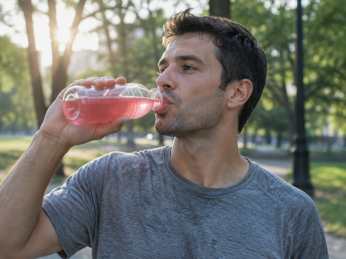 A man drinking a pink fruit punch drink from a bottle in a park