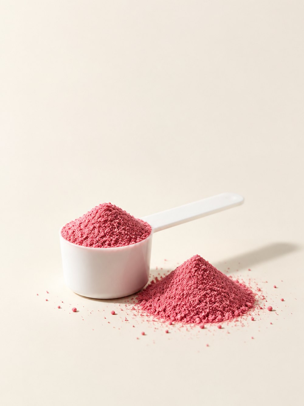 A scoop of pink fruit punch powder beside a small mound of it