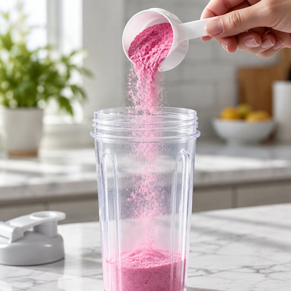 A scoop of pink powder being tipped into a shaker bottle