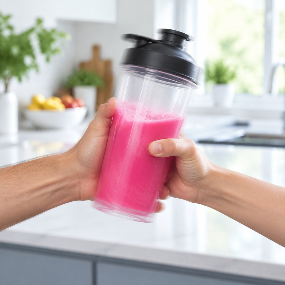 Hands holding a shaker bottle of pink drink