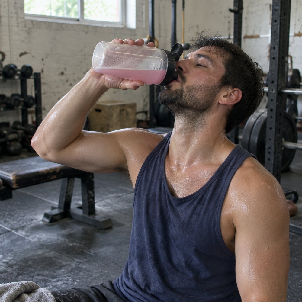 A man drinking pink fruit punch from a shaker bottle after training