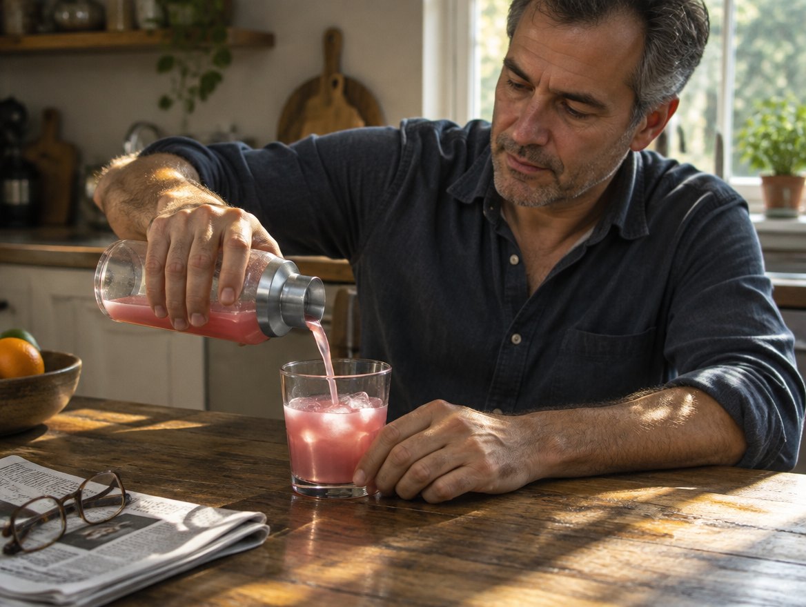A man pouring a pink fruit punch drink into a glass at a kitchen table