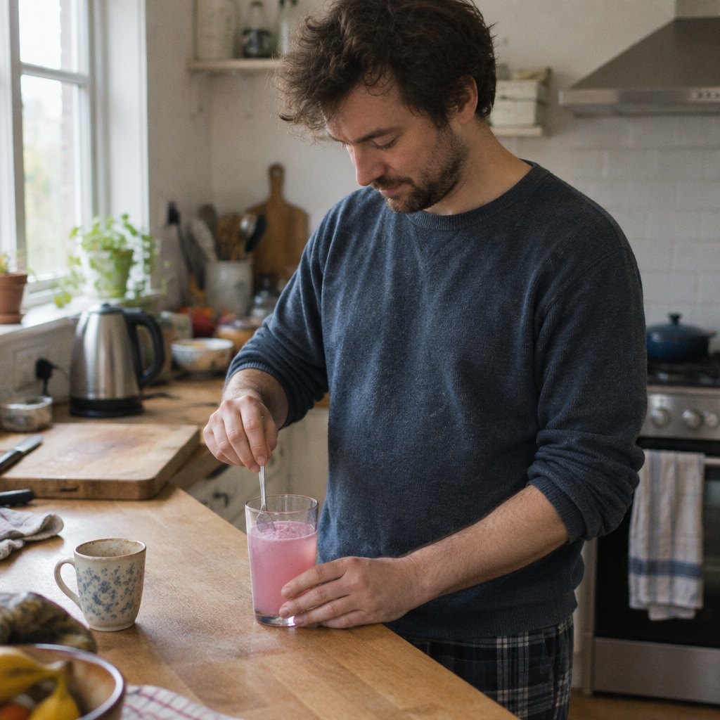 A man stirring pink powder into a glass of water in a kitchen